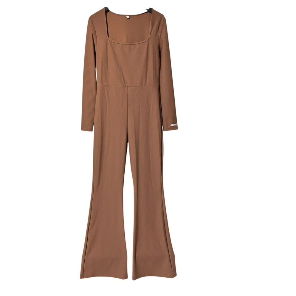 Women's Brown Ribbed Long Sleeve Flare Leg Jumpsuit Square Neck Stretch